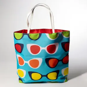 Extra Large Woman's Beach tote, Blue with Vintage Sunglasses Print Graphic - 13.5