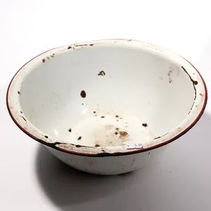 Large Round White Enamel Wash Basin with Red Trim, Patina, Vintage - 12