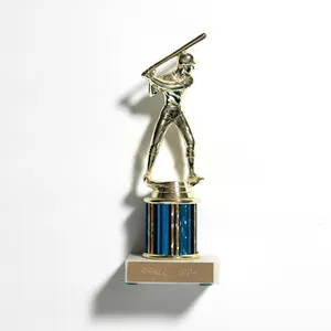 Vintage Childrens trophy gold statue with marble bottom, blue and gold. Baseball - 8