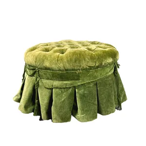 Round Button Tufted Crushed Velvet Green Ottoman