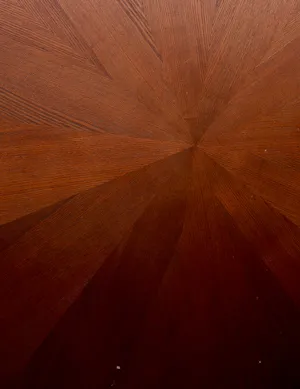 Solid Wood Round Pedestal Wood Dining Table in a Warm Walnut Finish Table Top Surface look like a startburst