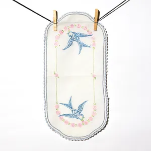 Kitchen Soft Goods: Hand Embroidered and french knot Blue bird an pink flowers details, oval thread table runner, dresser top - 18