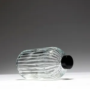 Small Clear Ribbed Glass Decanter with black plastic lid -  5.5