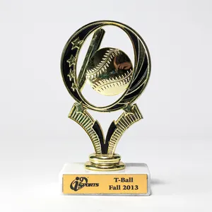 Round Light Gold Baseball Trophy on a White Marble Base