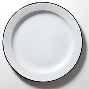 White Enamel Dinner Plate with Black Rim
