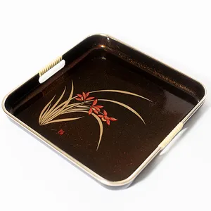 Japanese Lacquered Serving Trays Mid Century MCM Black and Gold Square - 10.75