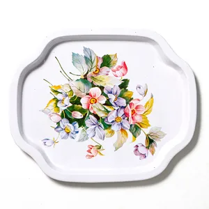 Vintage Small White Metal Serving Tray With Flowers