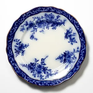 Vintage Flow Blue Touraine Dinner Plate, Cobalt, blue flower detail with gold edging - 10