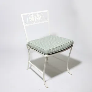 Vintage Mid Century Modern White Powder Coated Wrought Iron Salterini outdoor Garden Chair Patio Set with Vintage Blue cushion - 17
