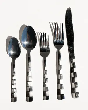 Flatware Silver Checkered Frost Frosted Handle Set Soup and Teaspoons, Salad and Dinner Folks, and butter knife