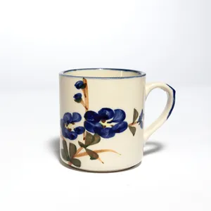 Off White Coffee Mug with hand painted bluebonnets blue, hand made, cup, pair - 3.25