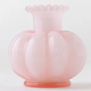 Housewares Vase: Pumpkin Shaped Pink Bud Flower Vase with ruffled Top