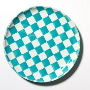 Ceramic Salad Plate with Turquoise and White Checkered Pattern