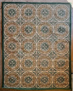 Vintage Green Tan Medallion Wool Hooked Rug
