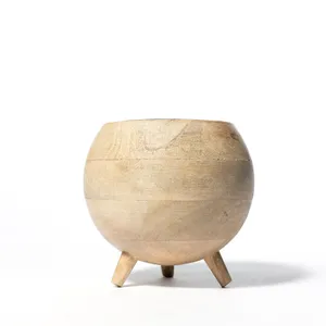 Tan Faux Wood Pillar Candle Holder Sphere on Feet - 5.75