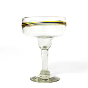 Vintage Heavy Mexican Art Margarita Glass Gold, Blue, Orange Swirl - 6.5