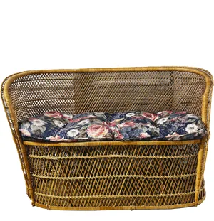 Vintage 60s Wicker Rattan Peacock Loveseat- Rattan Woven Wicker Love seat with a dark floral cushion