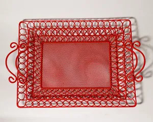 Red Wire Mesh Decorative Tray Scroll Handle