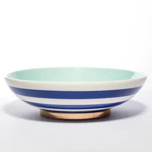 Large Light Blue Serving Bowl with Dark Blue Stripe exterior and gold base - Large Light Blue Serving Bowl with Dark Blue Stripe exterior and gold base - 13