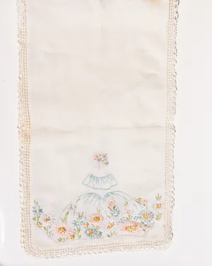 Vintage Embroidery Dainty Woman in a Sundress in Flowers. Table Runner.