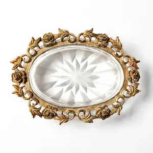 Bathroom Soapdish: Vintage soap dish, Trinket Dish, Dresser Dish, Jewelry Dish, Etched Glass, Gold Floral Rim 