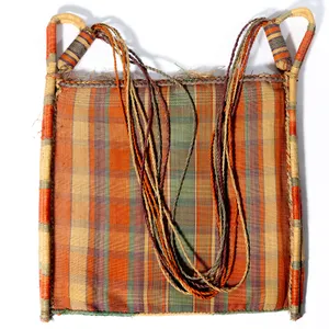 African Art Hand Woven Straw Bag Room Decor Braided Straps, Orange, Green and Tan Plaid - 12