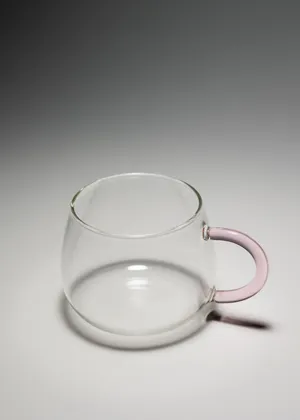 Extra Large Clear Glass Coffee Cup with Pink Glass Handle