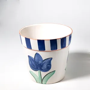 Ceramic White House Plant Pot with Hand Painted Blue Flower