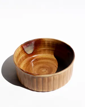 Brown Stoneware Souffle Dish or Serving Bowl, Featuring a Characteristic Brown Drip Glaze.