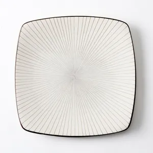 Square Cream Stoneware Plates with lines   size: 8