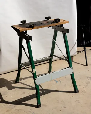 Used Natural Patina Portable Folding Workbench. Green Metal Legs and Painted Work Surface