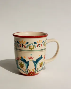 Bobby Flay Sevilla Stoneware Mug, With a Red Rim and a Colorful Floral Pattern