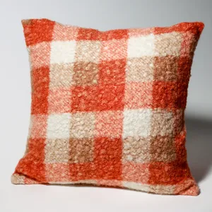 Rust Orange Plaid Boucle Wool Throw Pillow, Autumn, Fall, Pair