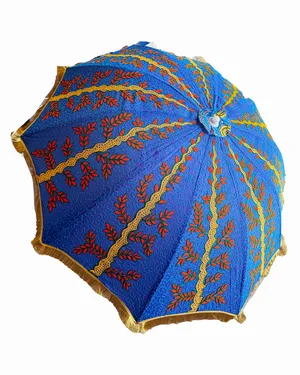 Cobalt Blue Embroidered Indian Decorative Parasol Fringe Outdoor Umbrella