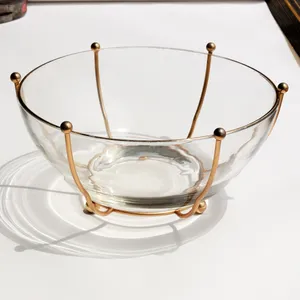Mid-Century Glass Bowl Brass Wire Frame Stand