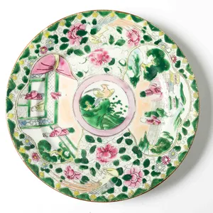 Kitchen Dishware: Pink and Green Antique Japanese Figural Porcelain Plate Signed by the artist