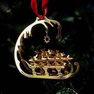 Georg Jensen Christmas Mobile 1995 - Christmas Sleigh - Gold Plated Sleigh with Christmas Tree and hanging stars
