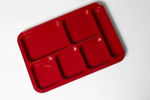 Left Handed Heavyweight 6 compartment Melamine Institutional Lunch Tray. Red Segmented, Large - 14.25