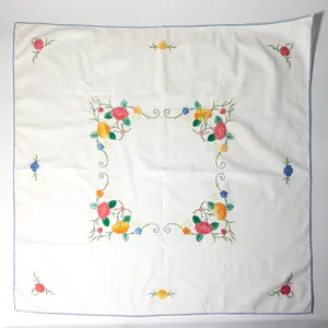 Pretty Little MCM Embroidered Square Tablecloth Flower Power, sewn in fabric flowers of Orange, Pink and Blue