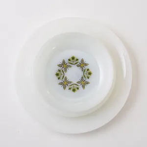 Set x 2 Milk Glass with Green Flowers Dinner and Salad Plates, and Bowls