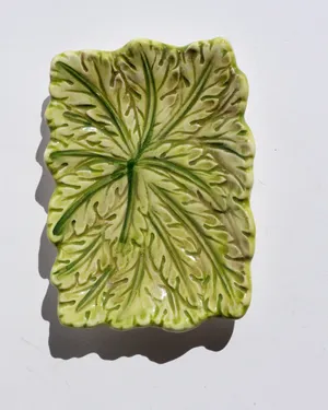majolica green leaf ceramic serving tray vintage