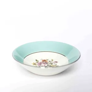Fine China: Dessert Bowl - Sketched Pink, Yellow and Green Flower Pattern in the middle on off White with a wide Tiffany Blue Robins Eggs Blue Band around the outside - 8.25