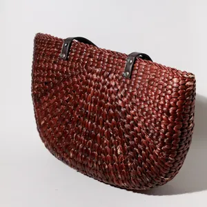 Burgundy Water Hyacinth Woven Wicker Bohemian Tote Bag Beach Bag, Handbag
