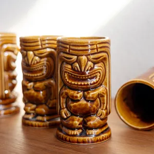 Authentic vintage Brown Tiki ceramic cups. with an Aztec face