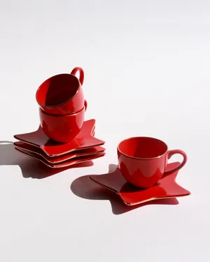 Candy Apple Red Holiday Star espresso cup & saucer Christmas Decor