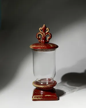 Distressed French Fleur-de-Lis Red Glass Apothecary Jar