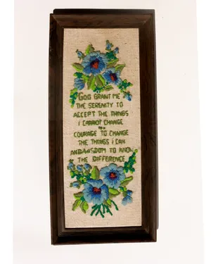 Finished and Framed Embroidery Blue Flowers and a Prayer