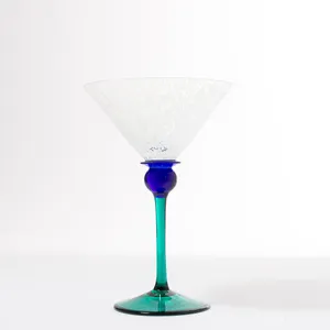 Chech Republic Hand Blown Martini White Splatter Glass with Blue Ball and Green Stem - 7.5