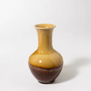 Beige yellow with Brown drip ceramic vase - 6