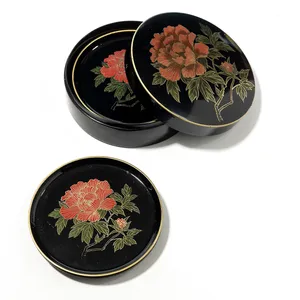 Floral Lid Black Hard Plastic Coaster Box Asian Influence, Vintage - 4.75